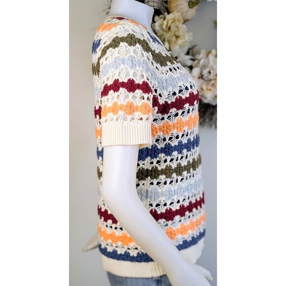 Cato Crochet Sweater Medium Multicolor Stripe Cotton Open Knit Short Sleeve Boho - Picture 3 of 9